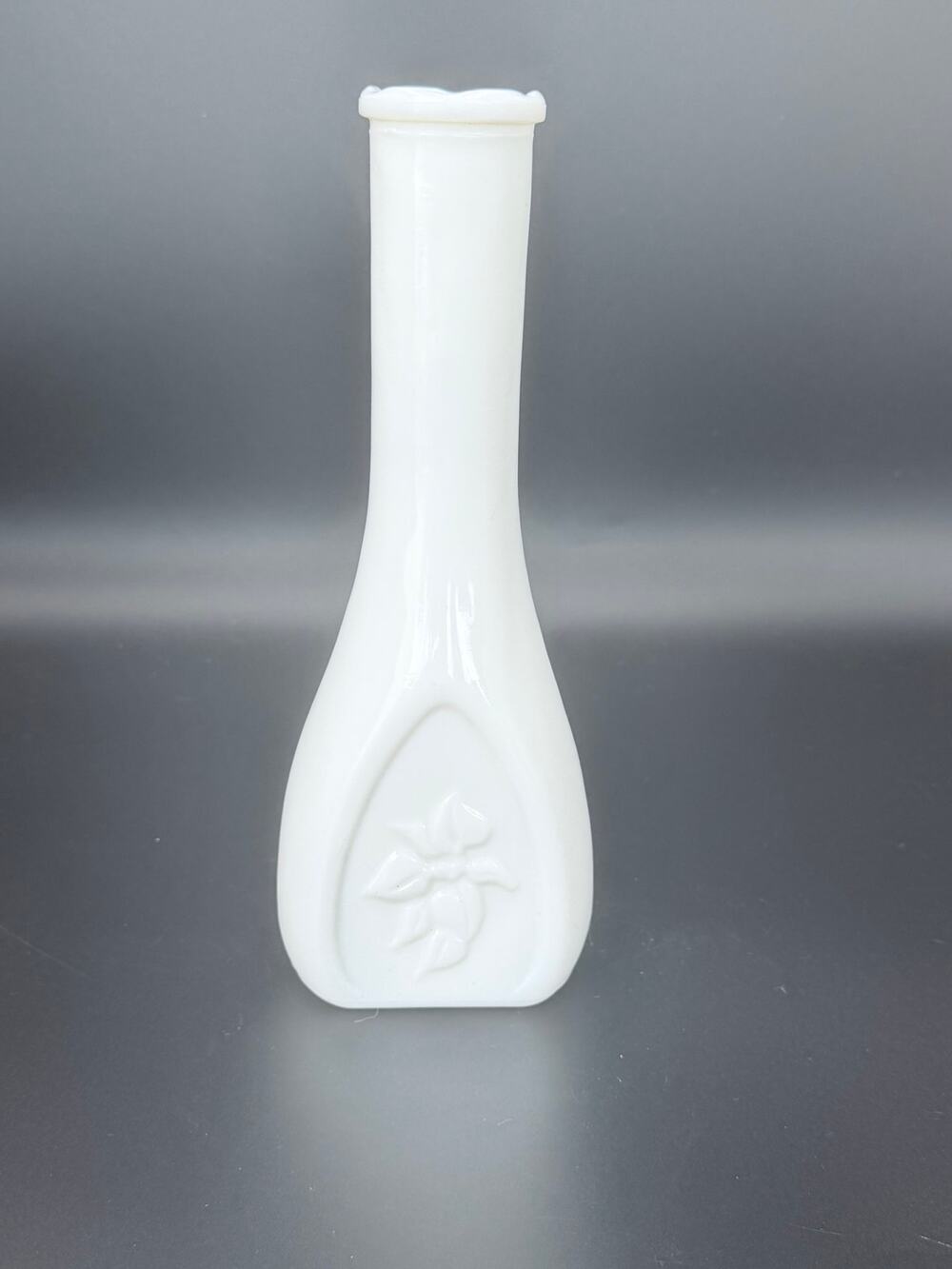 Vintage White Milk Glass Bud Vase 9 in Raised Floral Panel Scalloped Rim